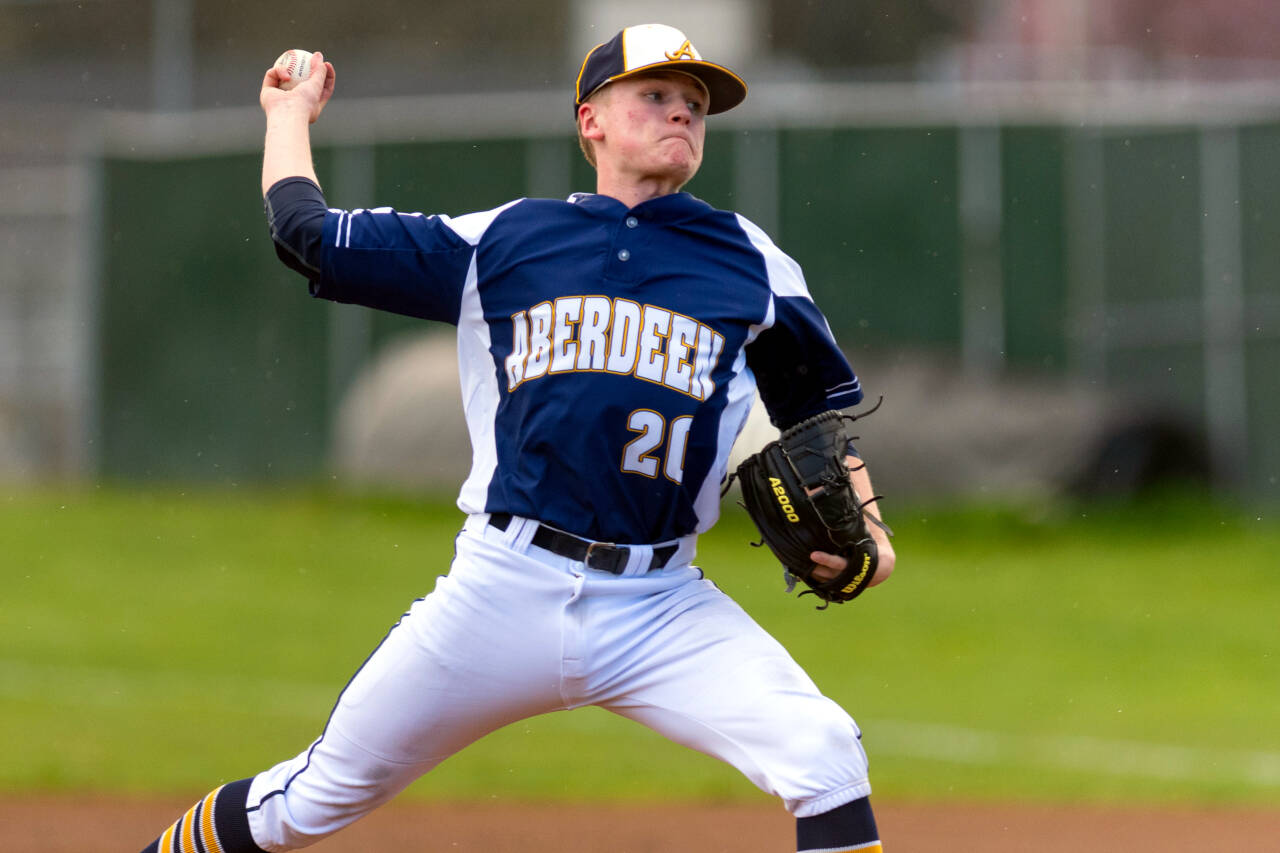 ALEC DIETZ | THE CHRONICLE Aberdeen pitcher Hunter Eisele throws during warmups against WF West March 31. Eisele allowed just two hits and an one earned run in a 2-0 loss to the Bearcats on Thursday in Chehalis.