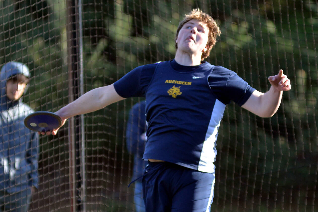 RYAN SPARKS | THE DAILY WORLD Aberdeen sophomore Tyler Bates, who is the top 2A class discus thrower this season, won the event with a mark of 145 feet, seven inches at the Ray Ryan Memorial Grays Harbor Championships on Friday in Montesano.