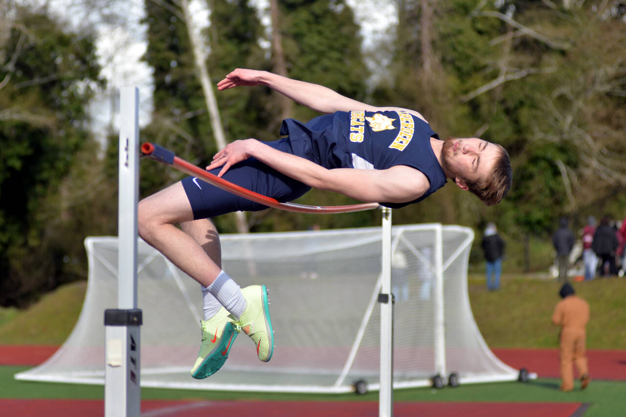 RYAN SPARKS | THE DAILY WORLD Aberdeen’s Andrew Troeh cleared six feet to win the boys high jump event at the Ray Ryan Memorial Grays Harbor Championships on Friday in Montesano.