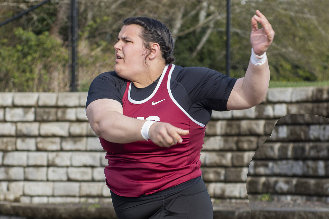 PHOTO BY PAMELA PELAN Hoquiam’s Tyara Straka set a personal and meet record with a 45-foot heave in the shot put at the Ray Ryan Memorial Grays Harbor Championships on Friday in Montesano. The throw is the top girls shot put mark in the state this season.