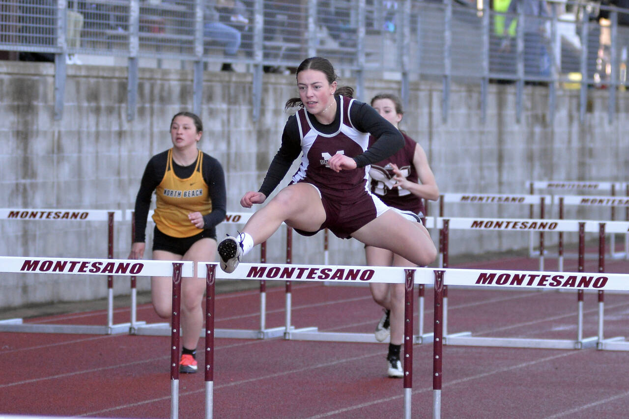 RYAN SPARKS | THE DAILY WORLD Montesano’s Jaiden King cruised to a 100-meter hurdles victory at the Ray Ryan Memorial Grays Harbor Championships on Friday in Montesano