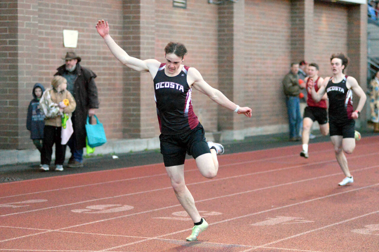 RYAN SPARKS | THE DAILY WORLD Ocosta’s William Idso placed first in a stacked boys 200 meter competition on Friday at the Ray Ryan Memorial Grays Harbor Championships at Jack Rottle Field in Montesano.