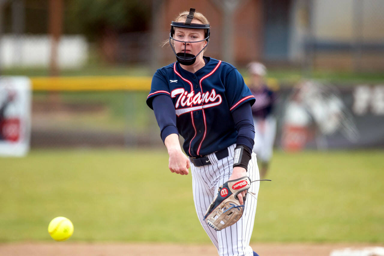 ERIC TRENT | THE CHRONICLE PWV pitcher Olivia Matlock delivers, seen here in a file photo, pitched a perfect four innings to lead PWV to a 15-0 win in the first game of a doubleheader against Ilwaco on Saturday in South Bend.