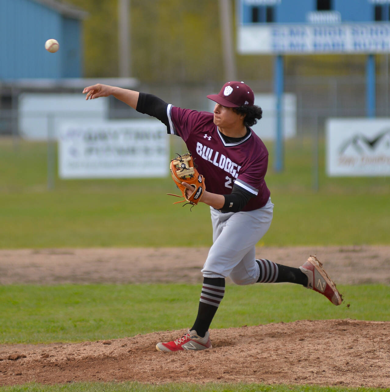 RYAN SPARKS | THE DAILY WORLD Montesano starter Isaiah Pierce picked up a win in the first game of the Bulldogs’ doubleheader sweep over Elma on Tuesday at Eagles Field in Elma.