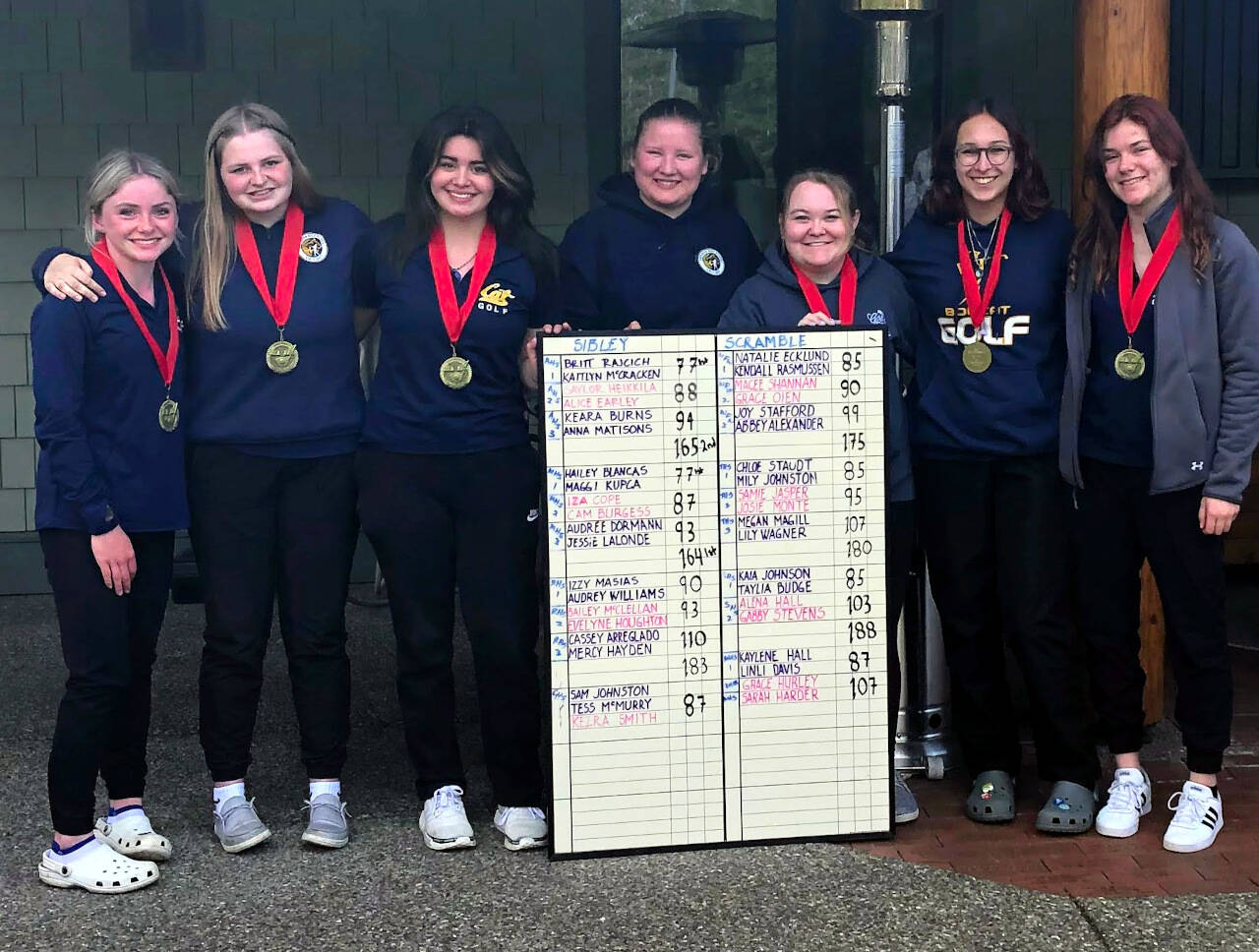 SUBMITTED PHOTO The Aberdeen Bobcats (from left) Britt Rajcich, Kaitlyn McCracken, Saylor Heikkila, Sarah Harder, Alice Earley, Anna Matisons and Keara Burns placed second in the team standings at the Sibley Scramble Tournament at Alderbrook Golf Course in Union on Monday. Rajcich and McCracken tied for first place with a score of 77.