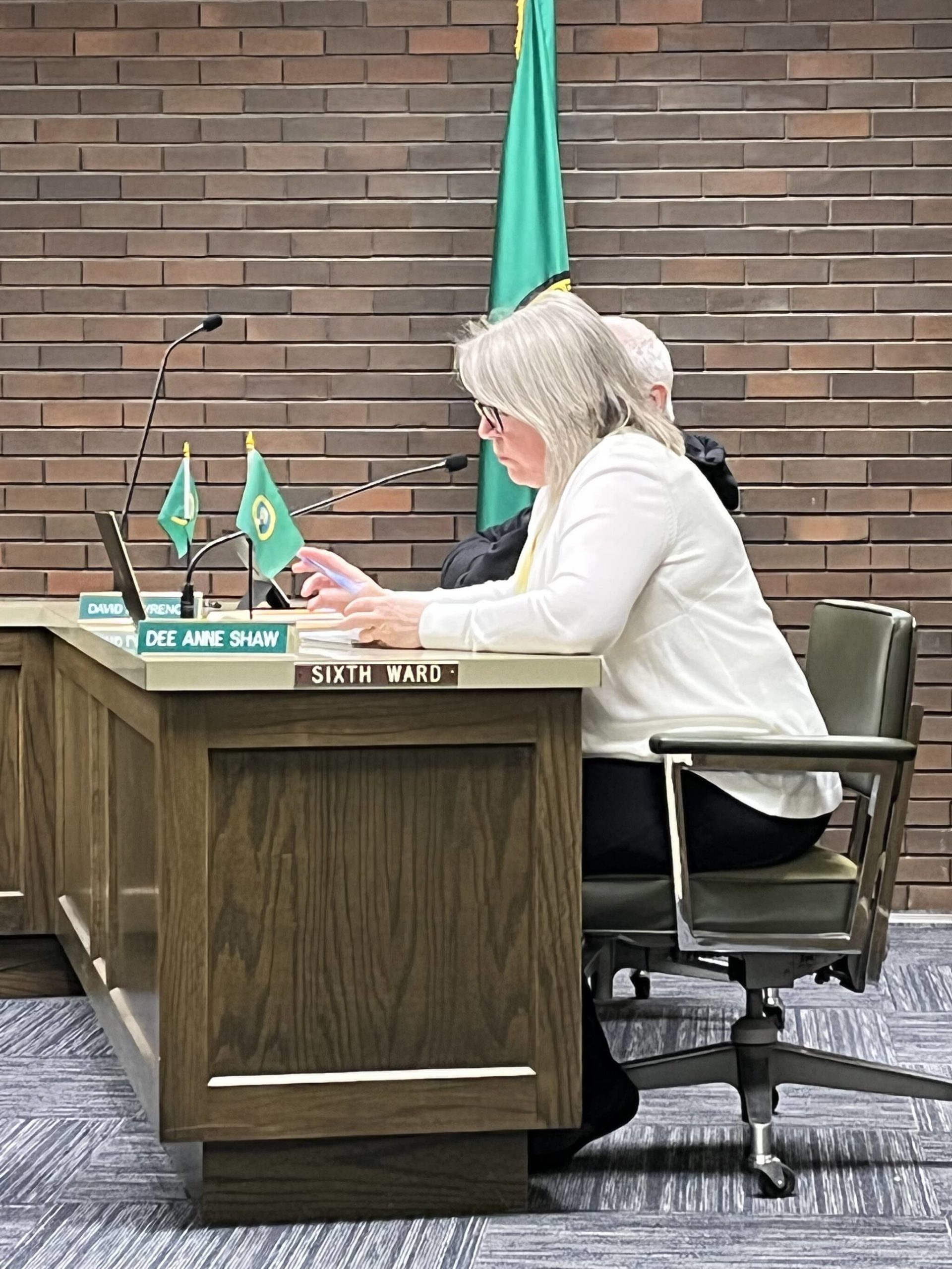 Ward 6 Position 12 Councilperson Dee Anne Shaw talks about how Aberdeen City Council allowing Aberdeen Mayor Pete Schave to sign the contract with Chehalis Valley Timber to sell timber north of Lake Aberdeen will net a larger sum — about $111,000 more — than what was originally budgeted. Schave signed the contract Wednesday night, April 27, 2022, at the Aberdeen City Council meeting inside the council chambers in Aberdeen City Hall. (Matthew N. Wells | The Daily World)