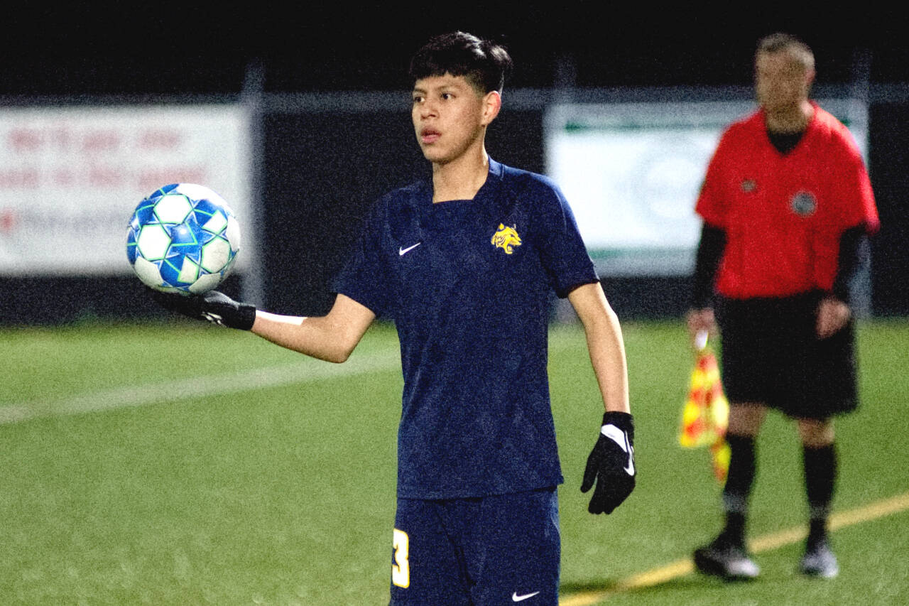 DAILY WORLD FILE PHOTO Aberdeen defender Javier Garcia, seen here in a file photo, helped the Bobcats to a 2-1 victory over Black Hills on Friday in Aberdeen. The Bobcats clinched second place in the 2A Evergreen Conference with the win.