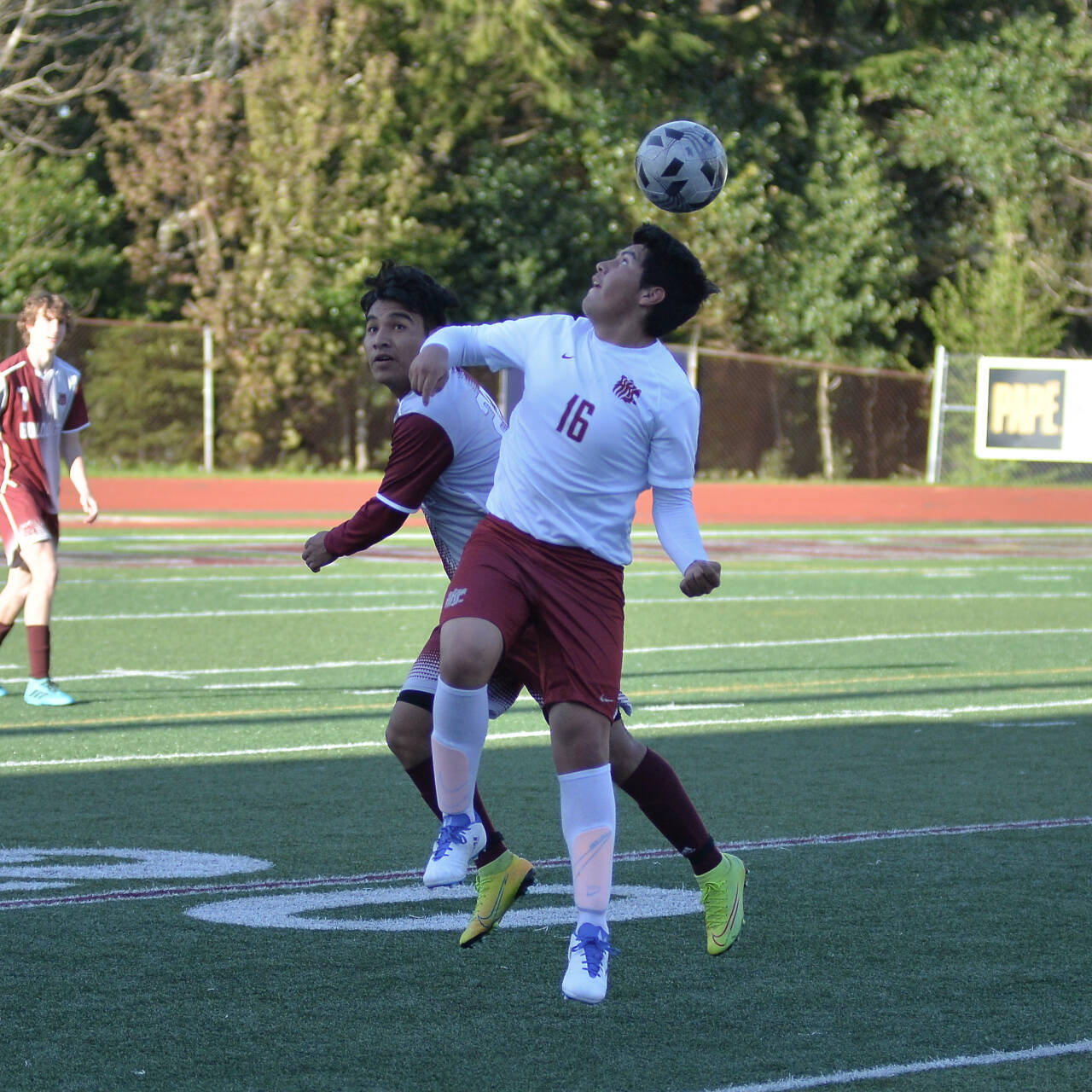 RYAN SPARKS | THE DAILY WORLD Hoquiam sophomore Jose Fabian (16) and Montesano senior Daniel Vasquez compete for the ball during the Bulldogs’ 3-0 win on Monday in Montesano.