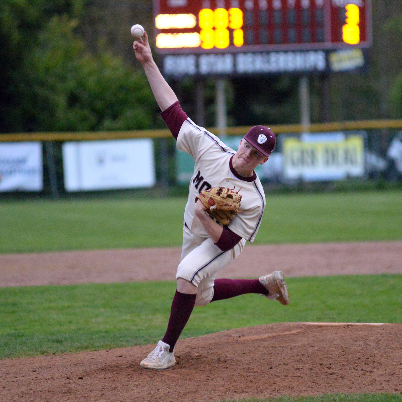 RYAN SPARKS | THE DAILY WORLD 
Montesano starting pitcher Cam Taylor allowed three runs on three hits in five innings pitched to lead the Bulldogs to an 11-4 win over Tenino on Wednesday in Montesano. The victory clinched the 1A Evergreen League title for the Bulldogs.