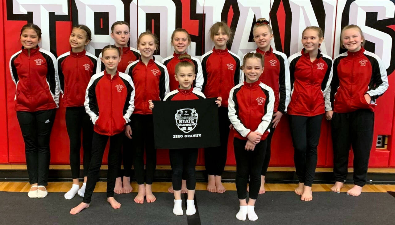 SUBMITTED PHOTO Zero Gravity Gymnastics competed at the Washington State Championships in Everett in March. Front row (from left): Olivia Vines, Timber Winkelman and Cecelia Fowler. Back row: Felecia Watkins, Khloe Lek, Stella Hayes, Ella Roose, Ashlea Jenkins, Annie Emmett, Hadley Erickson, Camrynn Wright and Ashlyn Roberts.