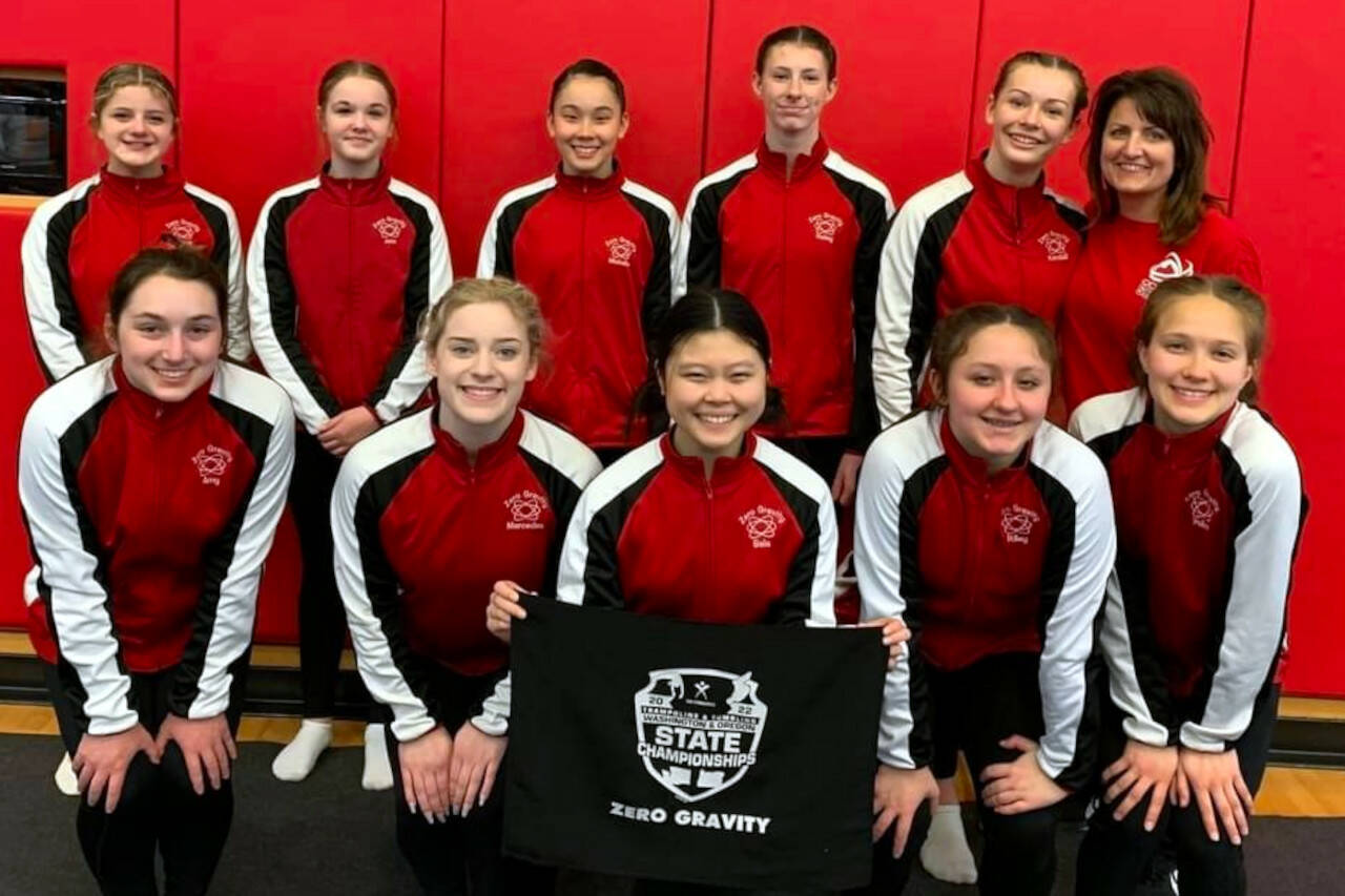 SUBMITTED PHOTO Zero Gravity Gymnastics competed at the Washington State Championships in Everett in March. Front row (from left): Amy Bodenhamer, Mercedes Morrill, Sela Rosetti, Riley Warner and Polina Vilchitskaya. Back row: Macye Sanchez, Jessica Peterson, Michelle Hay, Hailey Girard, Kendall O’Hagan and Coach Sheri Lovell.