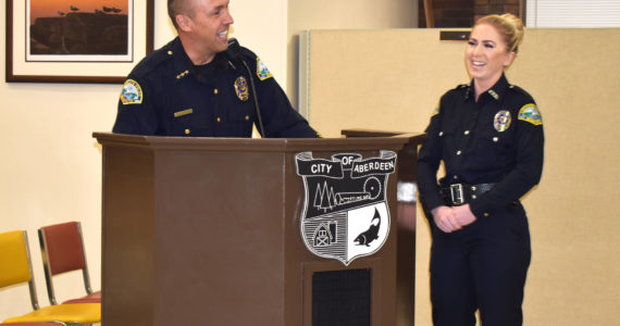 Aberdeen Police Chief Steve Shumate proudly recalls APD Officer Brandi Slater’s heroic efforts to enter a burning house in order to save the lives of two men on Wednesday night, May 11, at the Aberdeen City Council meeting. (Matthew N. Wells | The Daily World)