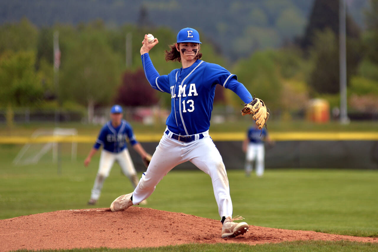 RYAN SPARKS | THE DAILY WORLD Elma starting pitcher Gibson Cain allowed two earned runs on five hits in 4 1/3 innings pitched in a 3-0 loss to La Center in the 1A District 4 championship game on Friday at Castle Rock High School.