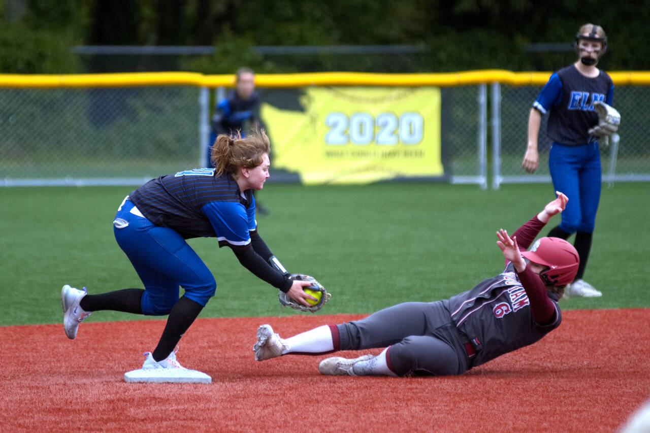 RYAN SPARKS | THE DAILY WORLD Elma shortstop Emmie Spencer tags out Hoquiam’s Ashlinn Cady during the Eagles’ 11-3 win on Friday in Montesano.