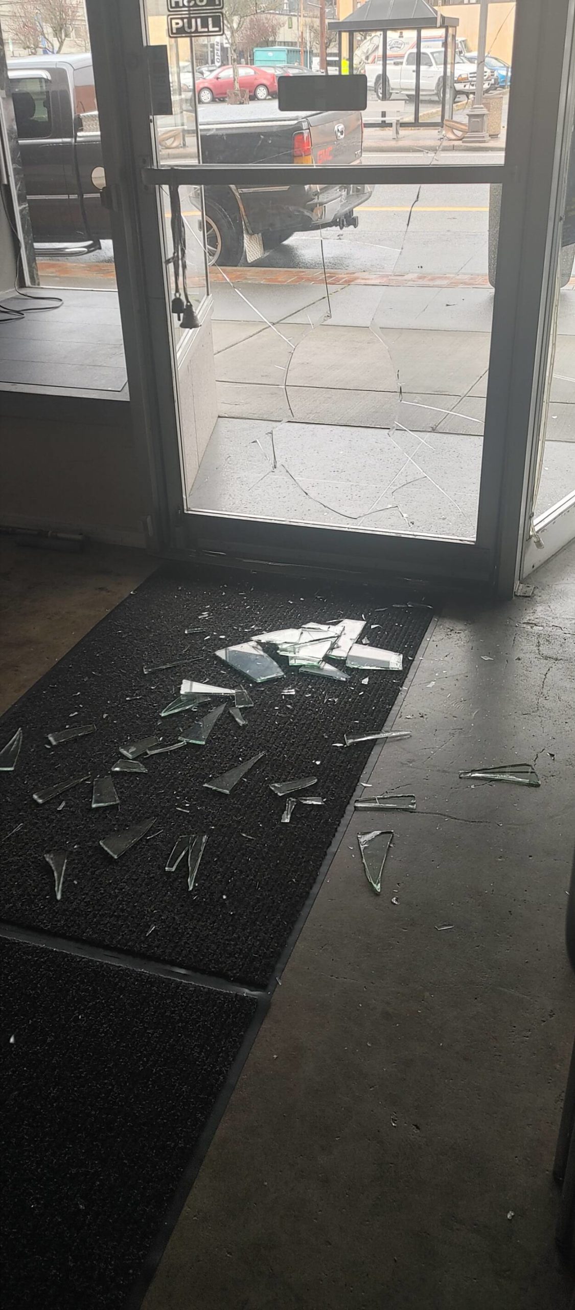 Courtesy Photo 
David Gleaves, owner of Deen Dogs, had to call his landlord to get his glass door fixed after a vandal “punched” the front door to his business on the evening of April 20, 2022. Gleaves said it took about a week to replace the glass, largely because of the frame and the type of glass used.
