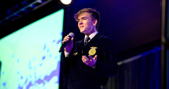Photo Courtesy of Elma High School 
Samuel Gillis gives a speech after being elected Washington Future Farmers of America Association President at Three Rivers Convention Center on May 14, 2022, in Kennewick.