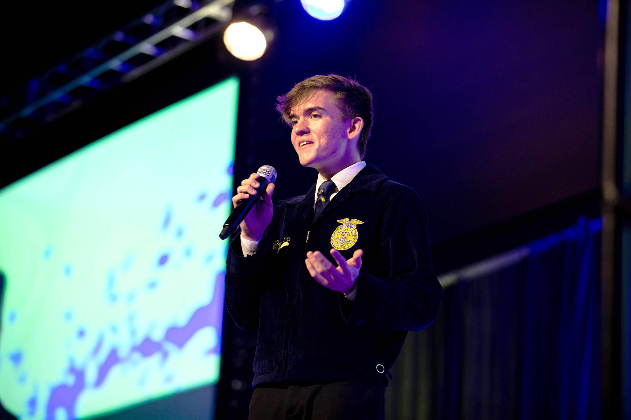 Photo Courtesy of Elma High School 
Samuel Gillis gives a speech after being elected Washington Future Farmers of America Association President at Three Rivers Convention Center on May 14, 2022, in Kennewick.