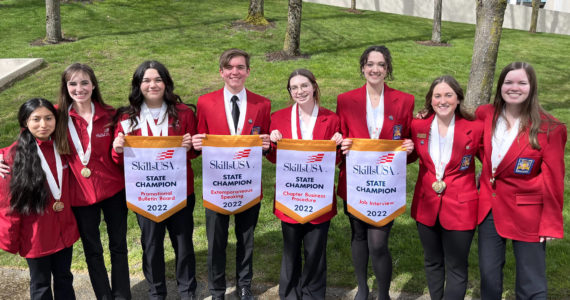 Photo Courtesy of Elma High School
Most of the Elma High School students who won state competitions for SkillsUSA will compete at Nationals in Atlanta later this month. From left to right: Nancy Ramirez, Emma Spalding (who is not competing at Nationals), Payton Simmons, Samuel Gillis, Delayne Hanson, Torrey Thompson, Grace Smith and Kara Heley. Not pictured: Lindsey Blackett, Lillian Bossard and Olivia Niemi.