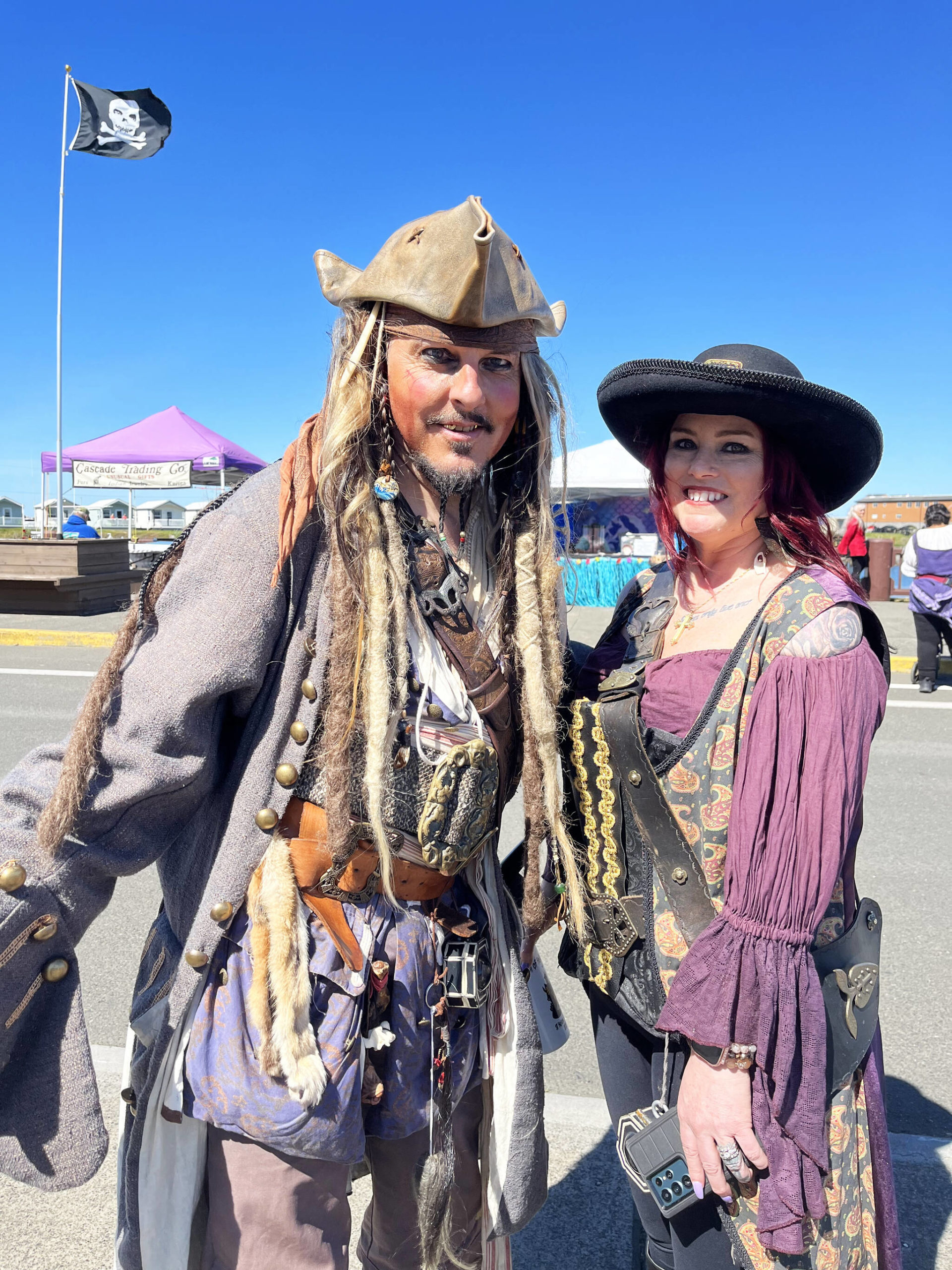 “Capt. Jack Sparrow,” and “Angelica,” the daughter of “Blackbeard,” played by Mike and Christine Vassar, were happy to oblige tourists, and The Daily World with an explanation of their dress, act, and why they love coming to Rusty Scupper’s Pirate Daze. The duo has come for about the last decade, and doesn’t plan on ending their tradition of driving from their home in St. Helens, Ore. (Matthew N. Wells | The Daily World)