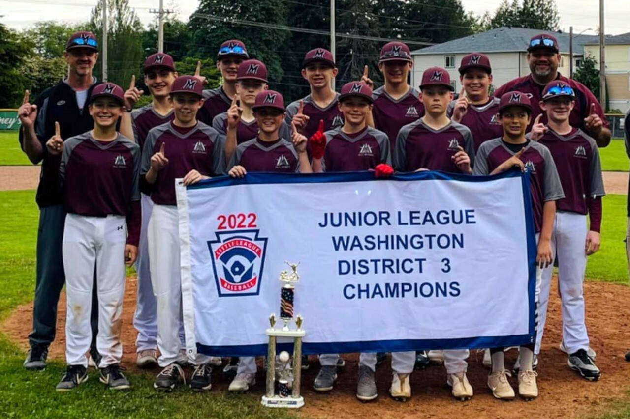 PHOTO COURTESY OF MONTESANO LITTLE LEAGUE The Montesano Little League All-Stars pose for a team photo after winning the District 3 Junior League Championship with a 17-7 win over Elma on Wednesday at Vessey Field in Montesano.