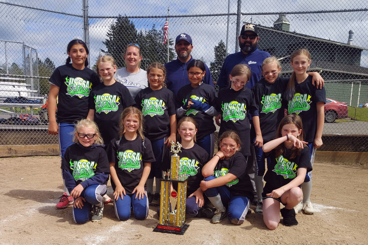 SUBMITTED PHOTO The Grays Harbor Crushers 10U softball team placed second in the USSSA State Championships after a 11-2 loss to Federal Way on June 19 in Olympia. The Crushers battled their way out of the losers bracket to reach the C-level final. Pictured are (front row, from left): Haddie Anderson, Annika Gaddis, Addison Williamsen, Leah Adams and Roxie Thornton. Middle row: Marisol Servellon, Piper Brule, Lexi Wilson, Gloria Diaz, Alora Raines, Thea Brown and Madison Bromley. Back row: Coaches Todd Wilson, Amber Adams and Adam Williamsen