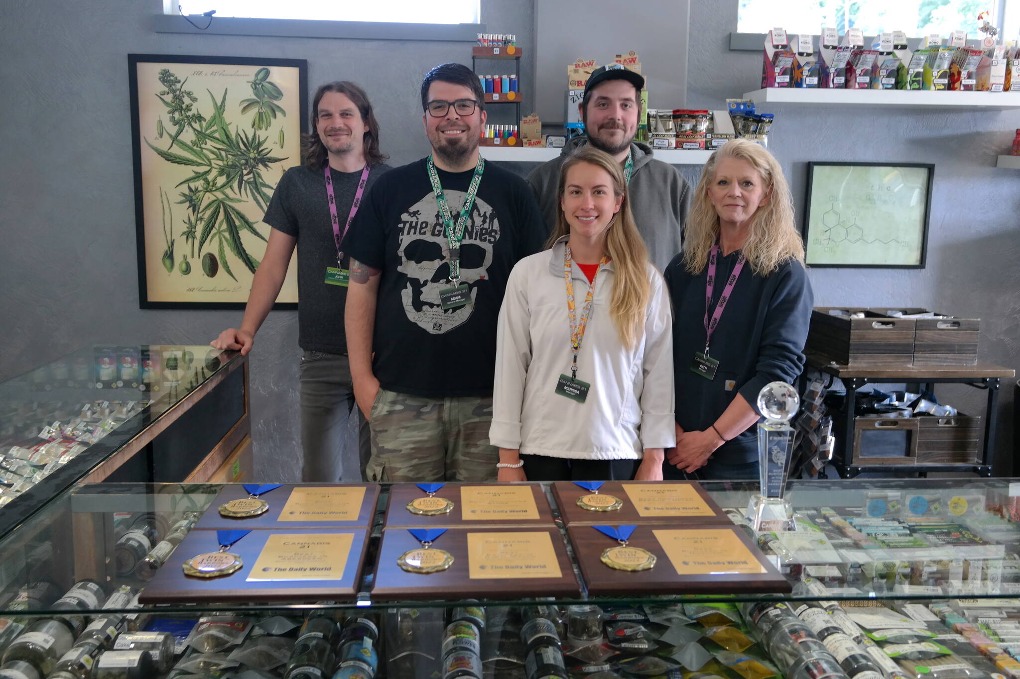 The Cannabis 21 Aberdeen branch staff enjoy their recent slew of awards from the Best of Twin Harbors 2022 competition, including "Best Business in Aberdeen," "Best Business in Hoquiam," and "Best Business in North Beach." 
From left to right: John Krasowki, Adam Bakotich, Marissa Aube, Colton Gwinn, and Patti Watson. 
Erika Gebhardt I The Daily World