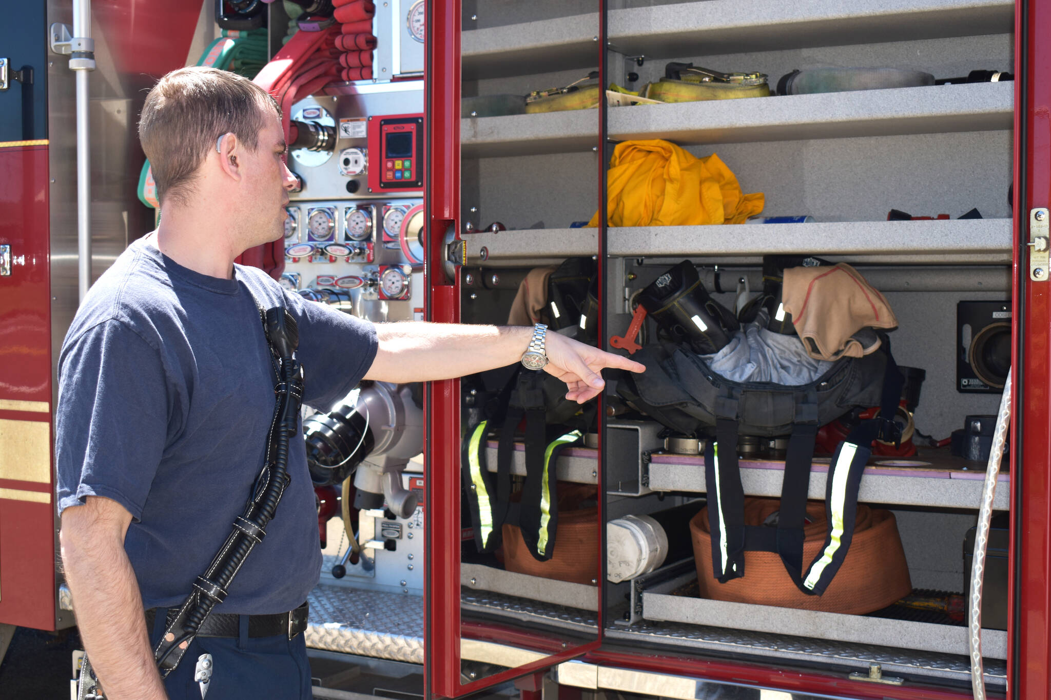 Matthew N. Wells | The Daily World 
Cody Lakner, firefighter and paramedic for Aberdeen Fire Department, shows part of the tool checks that he goes through daily. He also checks fluids on the engine, the self-contained breathing apparatus (SCBA) bottle levels, and everything else on the engine to make sure it’s good to go.
