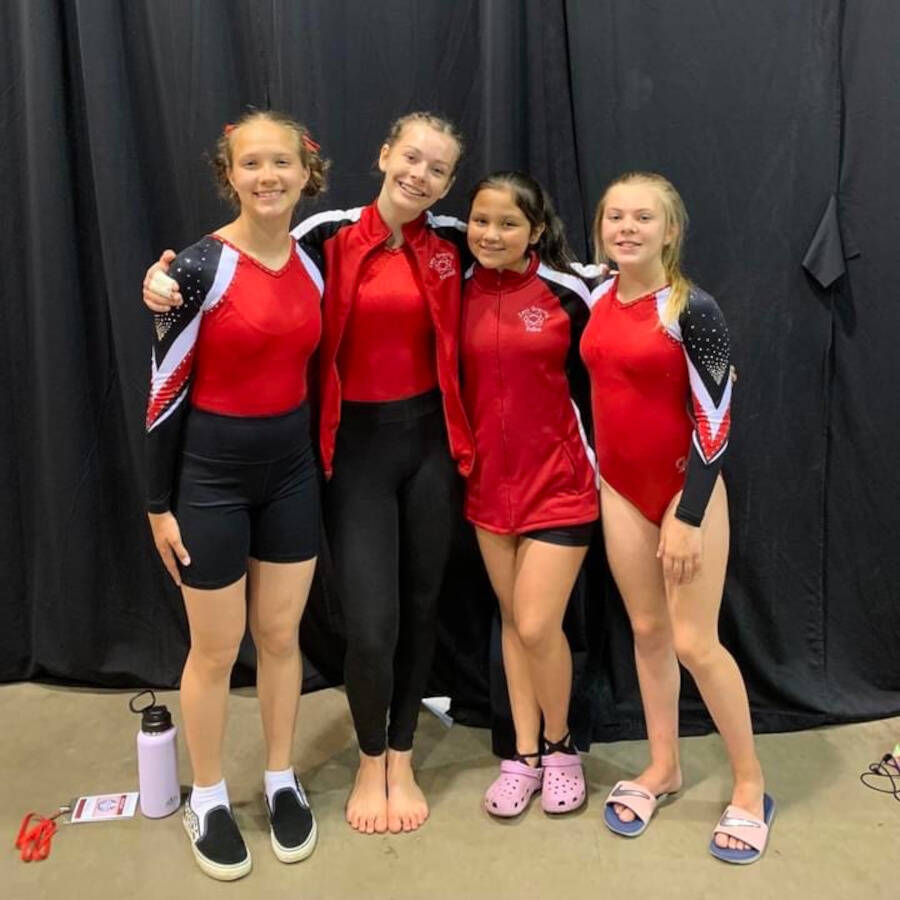 SUBMITTED PHOTO Zero Gravity gymnasts (from left) Polina Vitchitskaya, Kendall O’Hagen, Felicia Watkins and Ashlea Jenkins competed at the USA Gymnastics Tumbling and Trampoline Stars and Stripes National Championships July 24-25 at the Phoenix Convention Center in Phoenix, Arizona.