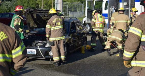 Allen Leister | The Daily World
McCleary Fire Department personnel gave residents a demonstration on how they use the Jaws of Life to save people from cars when a collision happens. The demonstration was given during National Night Out in Beerbower Park in McCleary on Aug. 2, 2022.