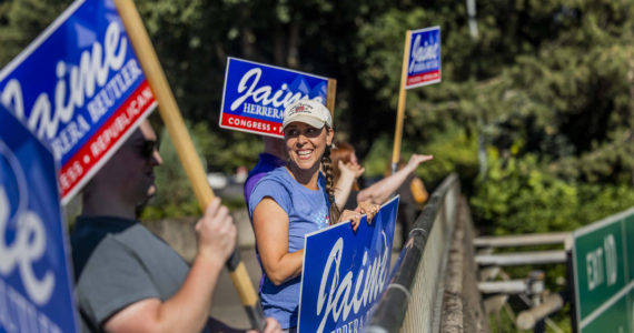 Daniel Kim | The Seattle Times | TNS
Republican Rep. Jaime Herrera Beutler does some last-minute campaigning over Interstate 5 with supporters in Vancouver, Washington, during the primary election on Tuesday, Aug. 2, 2022.