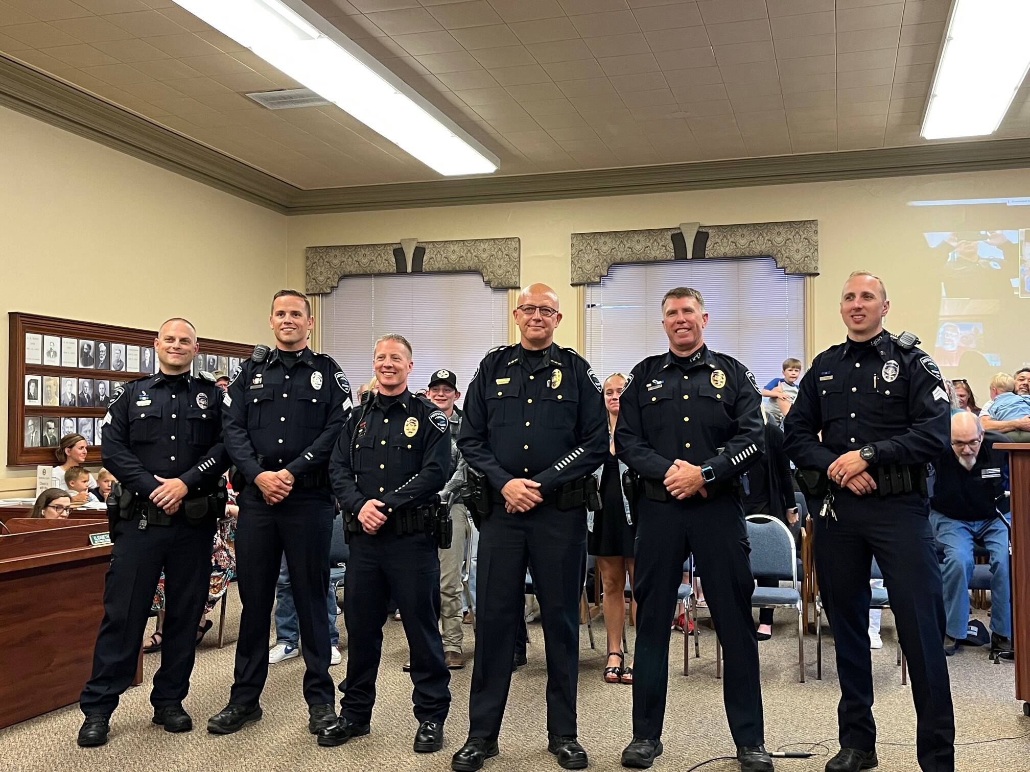 Hoquiam Police Department Sgt. David Peterson, Sgt. Rob Verboomen, Lt. Jeff Salstrom, Chief Joe Strong, Lt. Brian Dayton and Sgt. Jerad Spaur all line up for a photo in their uniforms after they received their confirmation to police chief, and their promotions to lieutenant and sergeant. (Photo courtesy of Brian Shay.)