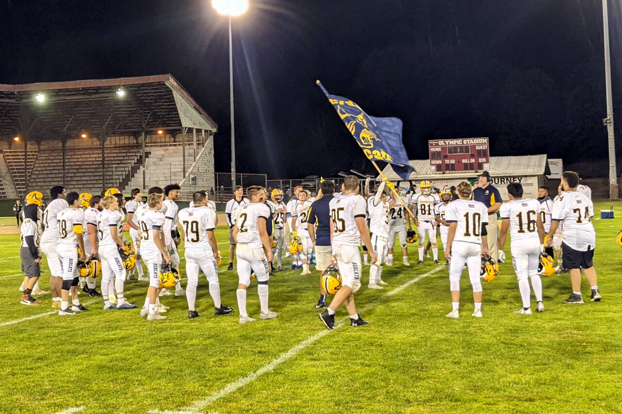 PHOTO BY BEN WINKELMAN The Aberdeen Bobcats celebrate their second straight Myrtle Street Rivalry over Hoquiam on Sept. 3, 2021, in Hoquiam. The two teams will square off in the 117th iteration of the storied game at 7 p.m. on Friday at Olympic Stadium in Hoquiam.