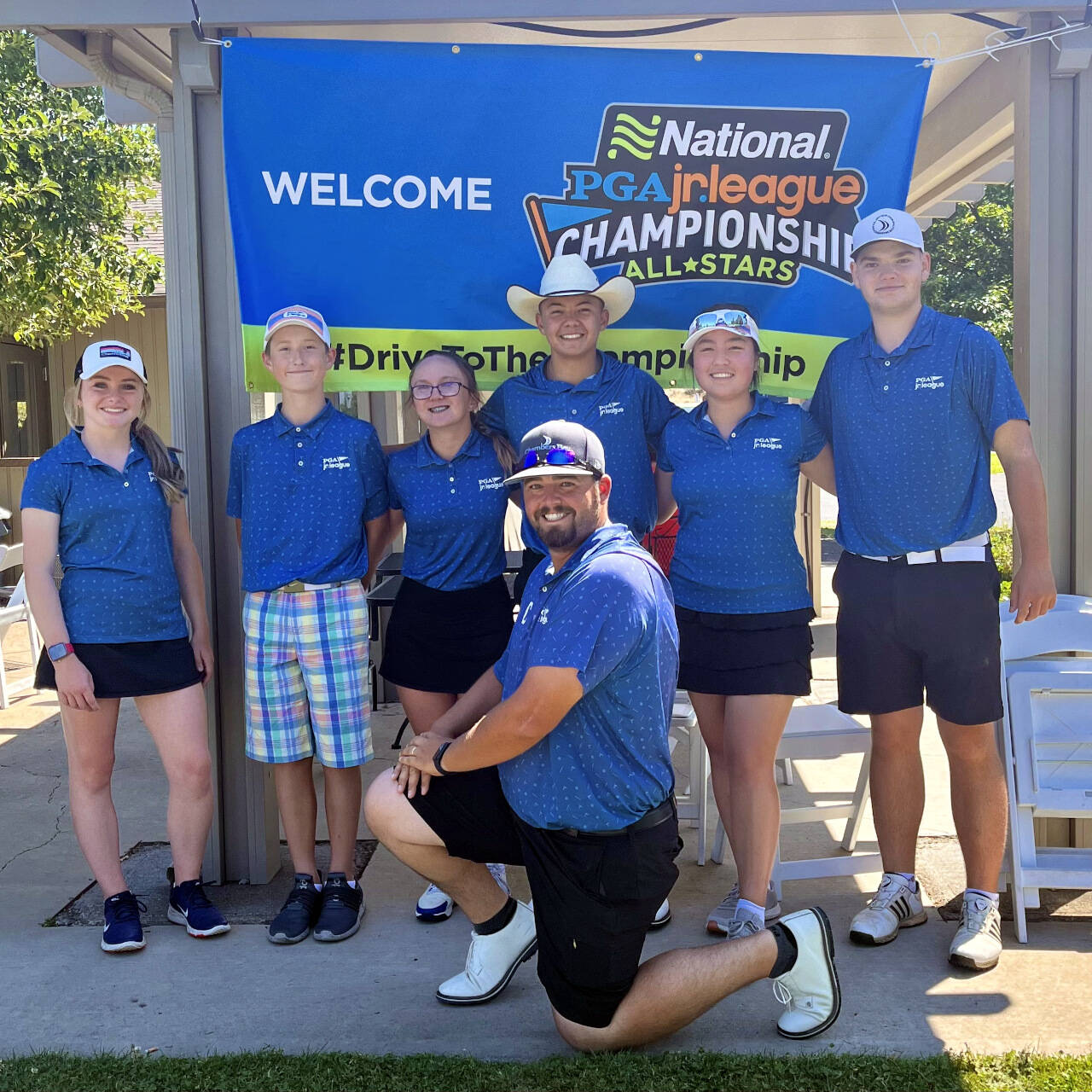 SUBMITTED PHOTO The Chambers Bay 17U PGA Junior League Team placed first at the PGA Sectional Qualifier in Redmond, Oregon on Aug. 20. Pictured are (from left): Aberdeen’s Britt Rajcich, Daniel Aubrey, Montesano’s Hailey Blancas, Aiden Aoki, Carly Ikei, Zavier Feasey-Allen and coach Matt Montecucco (kneeling).