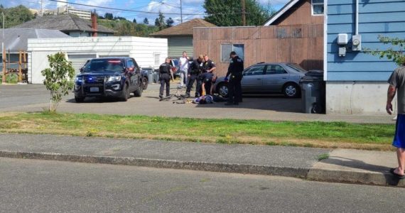 Aberdeen and Hoquiam police officers surround alleged shooting suspect Ricky Lee Lopez, 31, during his arrest in the alley situated between the 2900 blocks of Simpson and Aberdeen avenues. (Courtesy Photo)