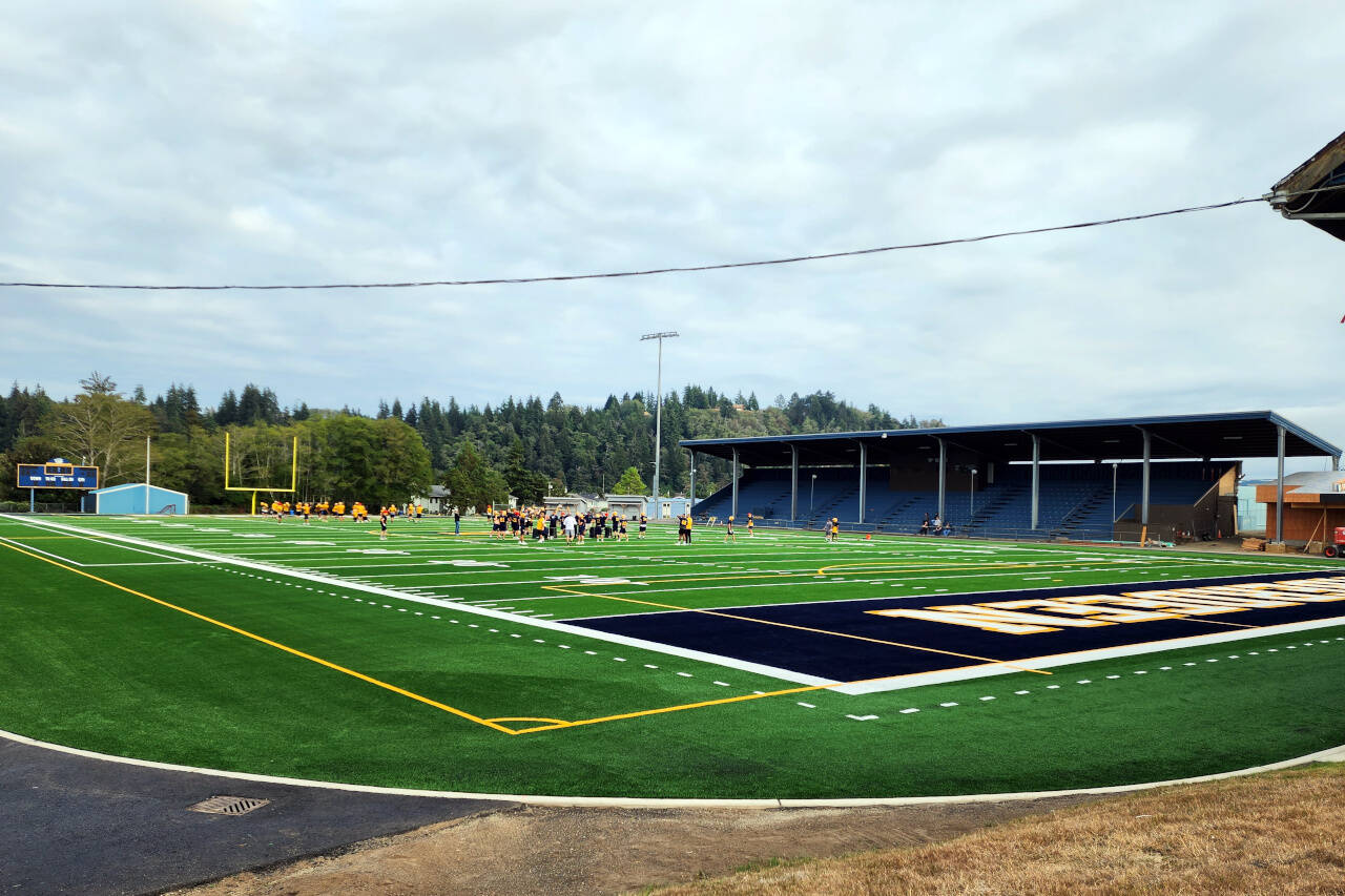 RYAN SPARKS | THE DAILY WORLD 
The Aberdeen Bobcats practice on the new turf of Stewart Field for the first time on Wednesday, Sept. 6, 2022, in Aberdeen. The Bobcats will debut the new field surface in their home opener against Centralia Friday evening, Sept. 16, 2022.