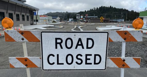 This road closed sign will leave East Market Street after a ribbon-cutting ceremony at noon Wednesday, Sept. 14. The ceremony will celebrate the opening of the roundabout that is replacing the five-way intersection between F Street, East Market Street, and Fuller Way. (Matthew N. Wells | The Daily World)
