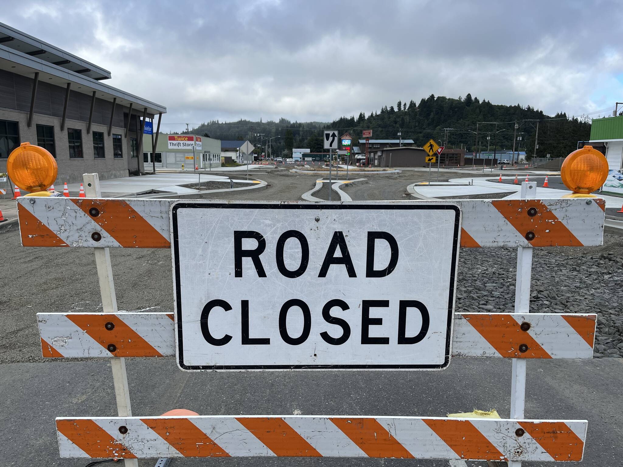 This road closed sign will leave East Market Street after a ribbon-cutting ceremony at noon Wednesday, Sept. 14. The ceremony will celebrate the opening of the roundabout that is replacing the five-way intersection between F Street, East Market Street, and Fuller Way. (Matthew N. Wells | The Daily World)
