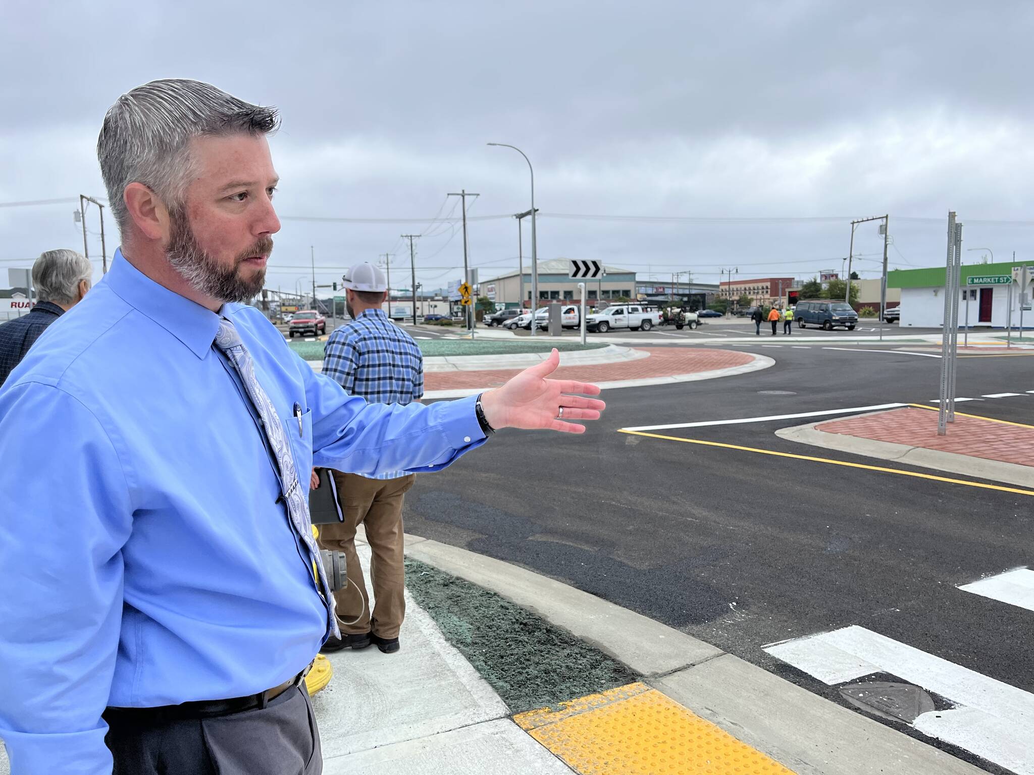 Nick Bird, city engineer for Aberdeen, talks a little after noon on Wednesday, Sept. 14, 2022, about the safety the new roundabout brings to the drivers, bicyclists, and pedestrians. “From a safety standpoint, this is the best thing that could be installed in this location,” Bird said.