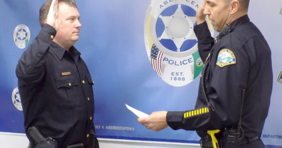 Provided photo
Dale Green, left, with then-Aberdeen Police Chief Steve Shumate, seen being sworn in as police commander in February 2020. When Shumate retired June 30, Green became APD’s interim police chief. Green could become APD’s chief of police with an Aberdeen City Council vote on Wednesday, Sept. 28.