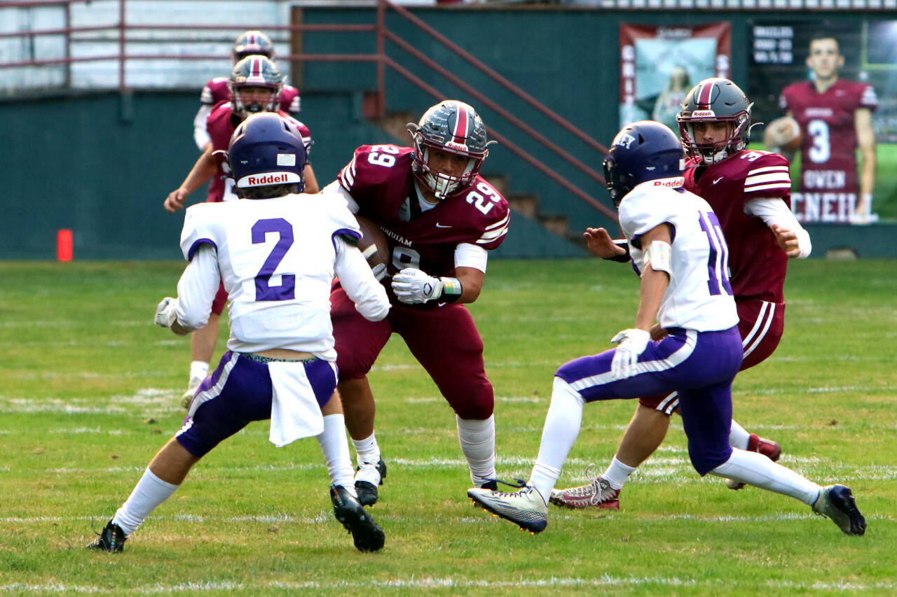 PHOTO BY BEN WINKELMAN
Hoquiam running back Jalen Hobucket (29) squares off against Nooksack Valley defenders in a loss on Friday, Sept. 23, 2022. Hoquiam will travel to Davis Field in Elma for the first time since 2018 to take on the Eagles on Friday.