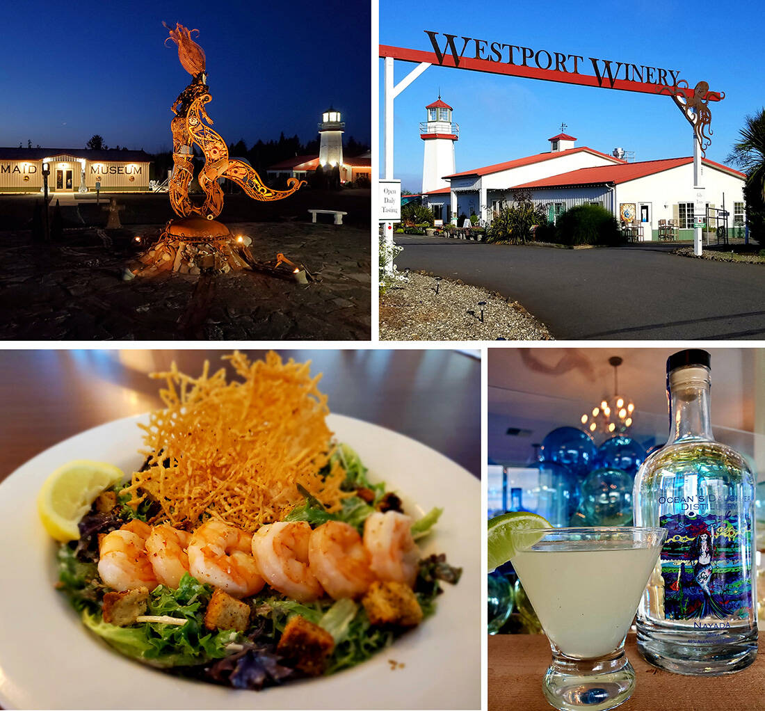 Clockwise from top left: the Mermaid Museum, the lighthouse that let’s visitors know they’ve arrived, a Cosmic Star Duster cocktail, and the Hail Caesar salad from the Sea Glass Grill. Photos: Kim Roberts