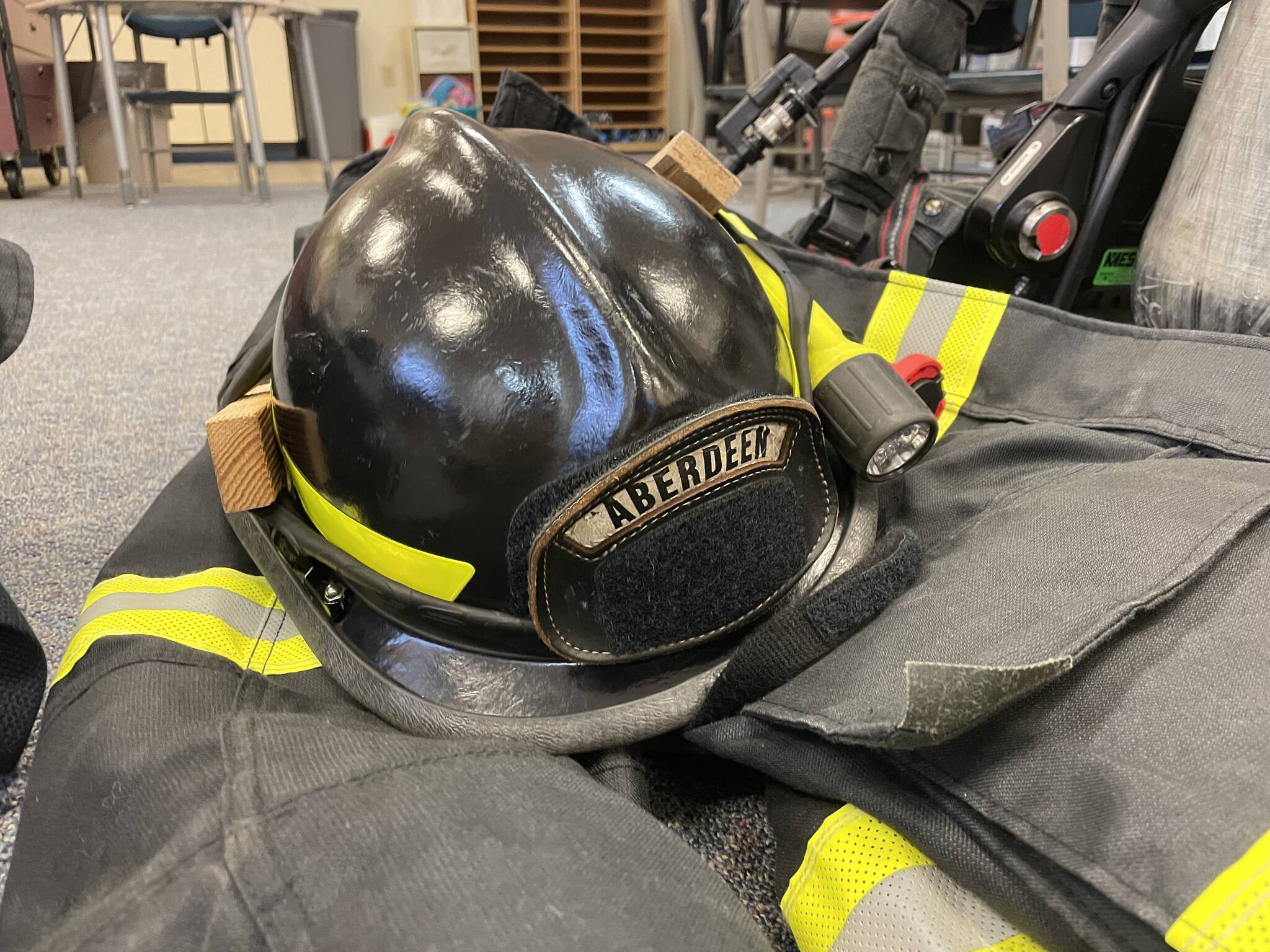 Firefighters from the Aberdeen Fire Department visited McDermoth Elementary School for a Fire Prevention Week presentation on Monday.
Michael S. Lockett | The Daily World