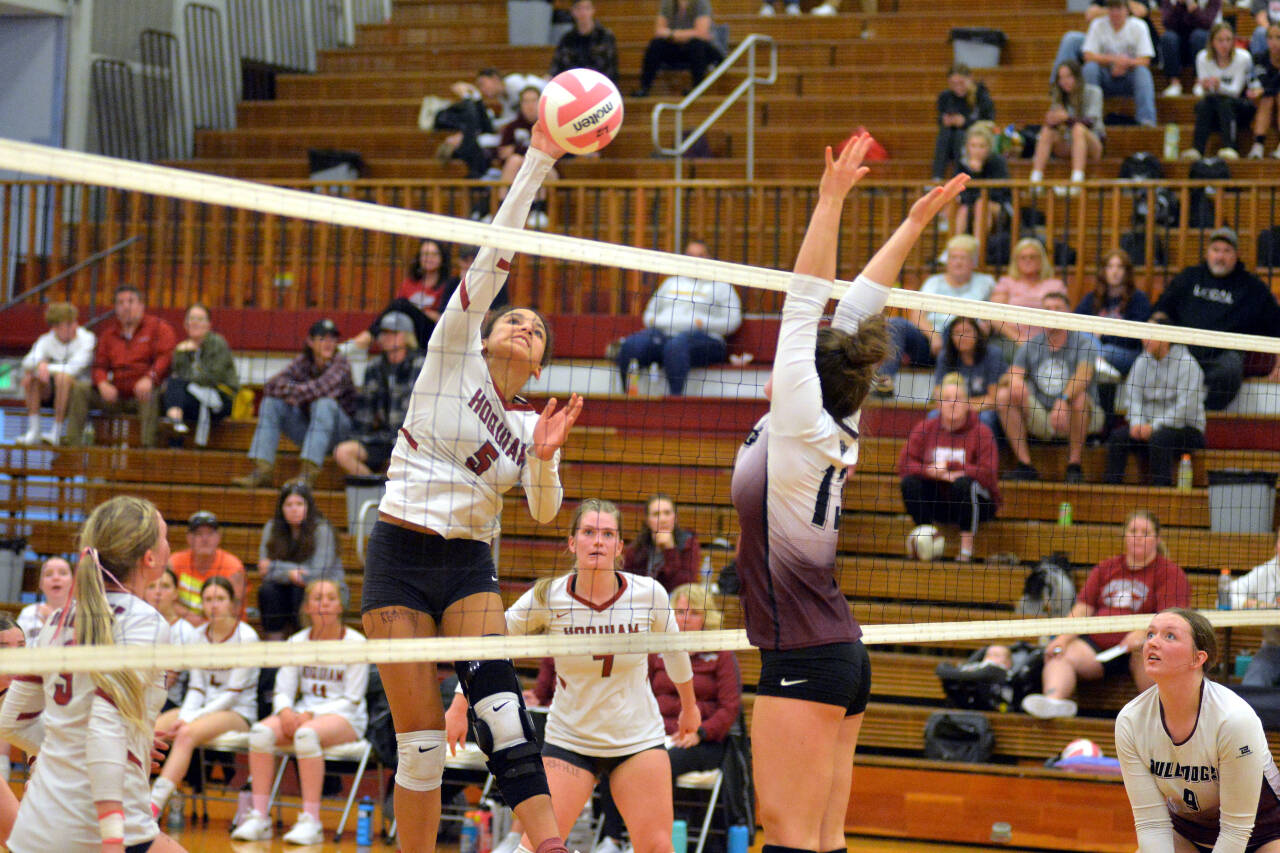 RYAN SPARKS | THE DAILY WORLD 
Hoquiam middle blocker Chloe Kennedy (5) records one of her game high 23 kills in a 3-1 victory over Montesano on Tuesday at Hoquiam Square Garden.
