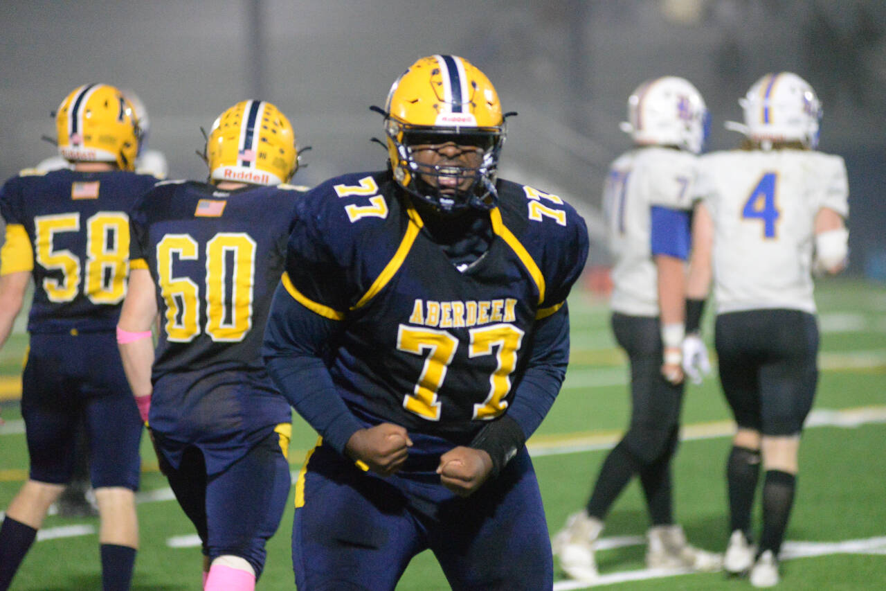 RYAN SPARKS | THE DAILY WORLD Aberdeen lineman Jabron Brooks shows his excitement after sacking Rochester quarterback Tate Quarnstrom in the second half of Aberdeen’s 35-8 victory over Rochester on Friday, Oct. 14, 2022 at Stewart Field in Aberdeen.