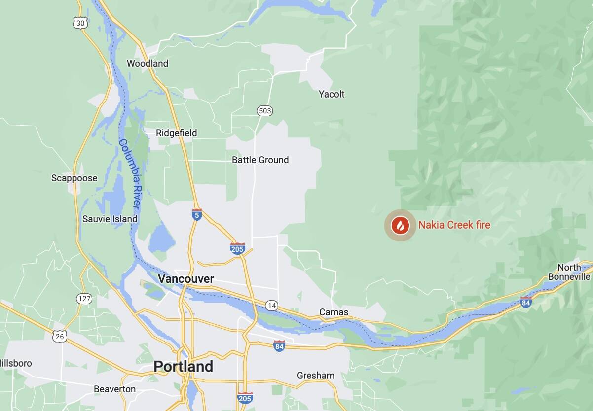 Two Montesano Fire Department firefighters were forward deployed Monday to help combat the Nakia Creek Fire, northeast of Portland and southeast of Grays Harbor. It’s the department’s third wildfire deployment for 2022. (Screenshot)