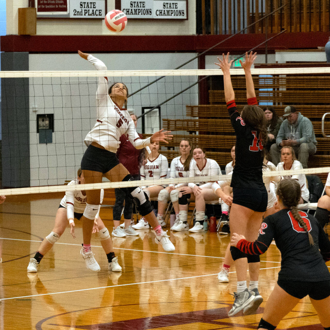 PHOTO BY PATTY REYNVAAN
Hoquiam’s Chloe Kennedy (5) smacks a kill while Raymond’s Alia Enlow (10) defends during the Grizzlies’ straight-set victory on Monday in Hoquiam. Below, Hoquiam’s Ashlinn Cady digs the ball during the match.
