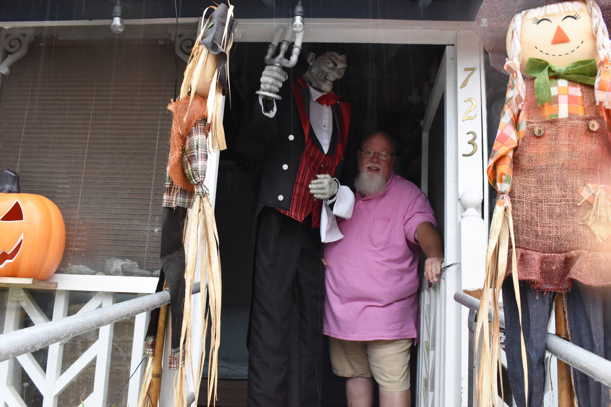 Matthew N. Wells / The Daily World
Kevin Farley, right, stands with one of his ghoulish Halloween pals just inside the front door to his Montesano home on Tuesday afternoon.