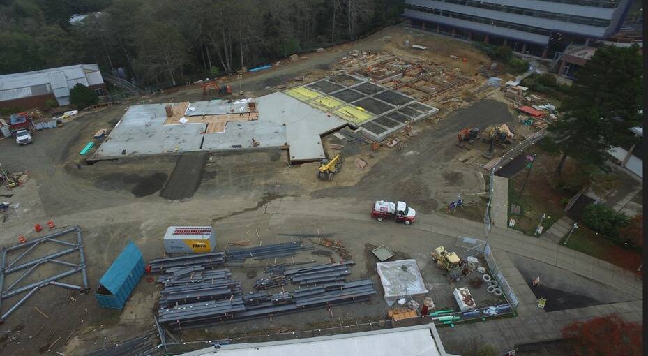 Construction is underway at the new student services building. The cost of the project was funded by the state Legislature at $52 million, including $3.7 million funded by students through a fee voted on and approved by the student body. Photo courtesy Grays Harbor College