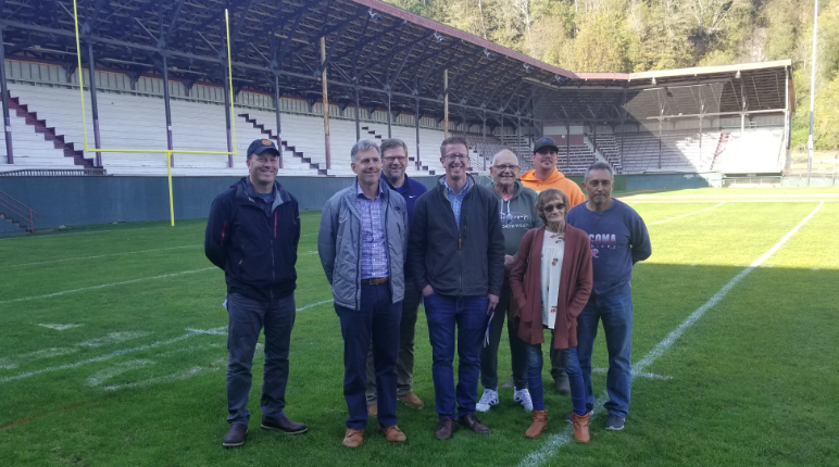Rep. Derek Kilmer (D-Gig Harbor) (front center) met with Hoquiam City Administator Brian Shay (left of Kilmer) and other city officials to discuss the future funding needed to continue improvements for Olympic Stadium on Friday, Oct. 28, in Hoquiam. Legislative Representative Democrat Mike Chapman (District 24 Position 1) (behind Kilmer and Shay) was also in attendance. (Allen Leister / The Daily World)