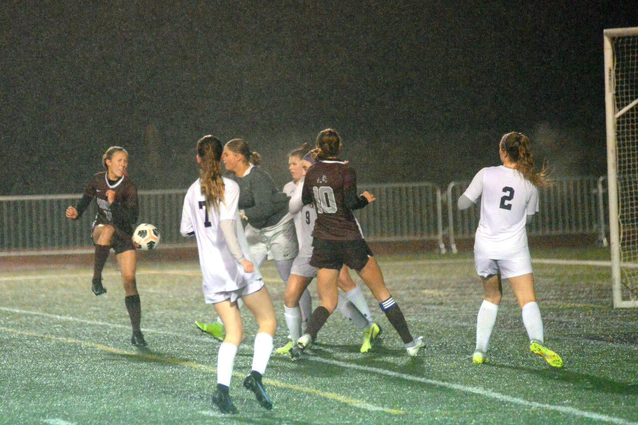 RYAN SPARKS | THE DAILY WORLD Montesano forward Lilly Causey, left, scores a goal in the second half of the Bulldogs’ 3-0 win over Seton Catholic in a 1A District 4 Tournament semifinal game on Thursday, Nov. 3, 2022 in Montesano.